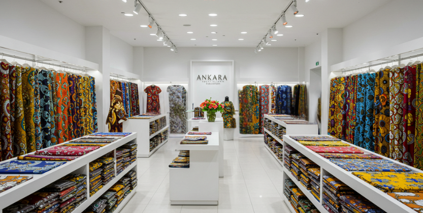 Upscale white showroom with bold Ankara fabrics on display shelves