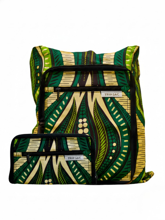 Emerald Maisha Bag collapsible tote bag by Trip Sac folded and unfolded.