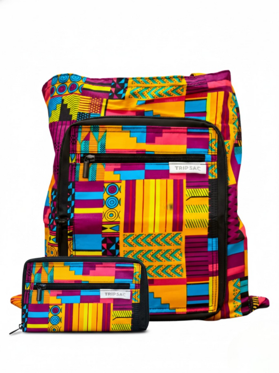 Trip Sac Kente Voyage Bag collapsible tote bag shown folded and open