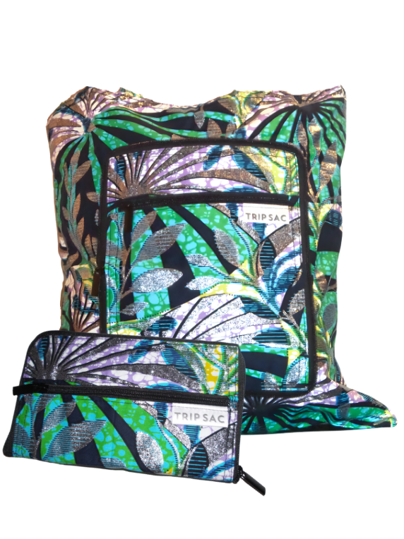 Trip Sac Tropical Nights collapsible tote bag folded and unfolded