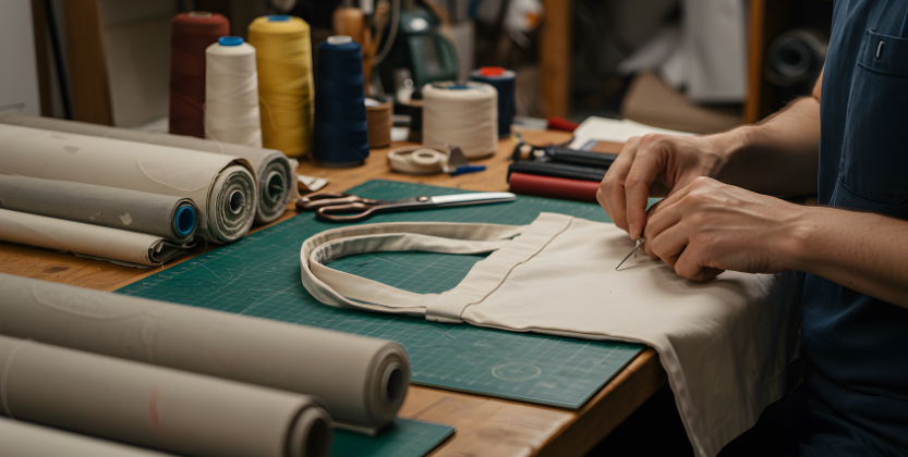 A designer sewing a tote bag with tools and fabrics around.