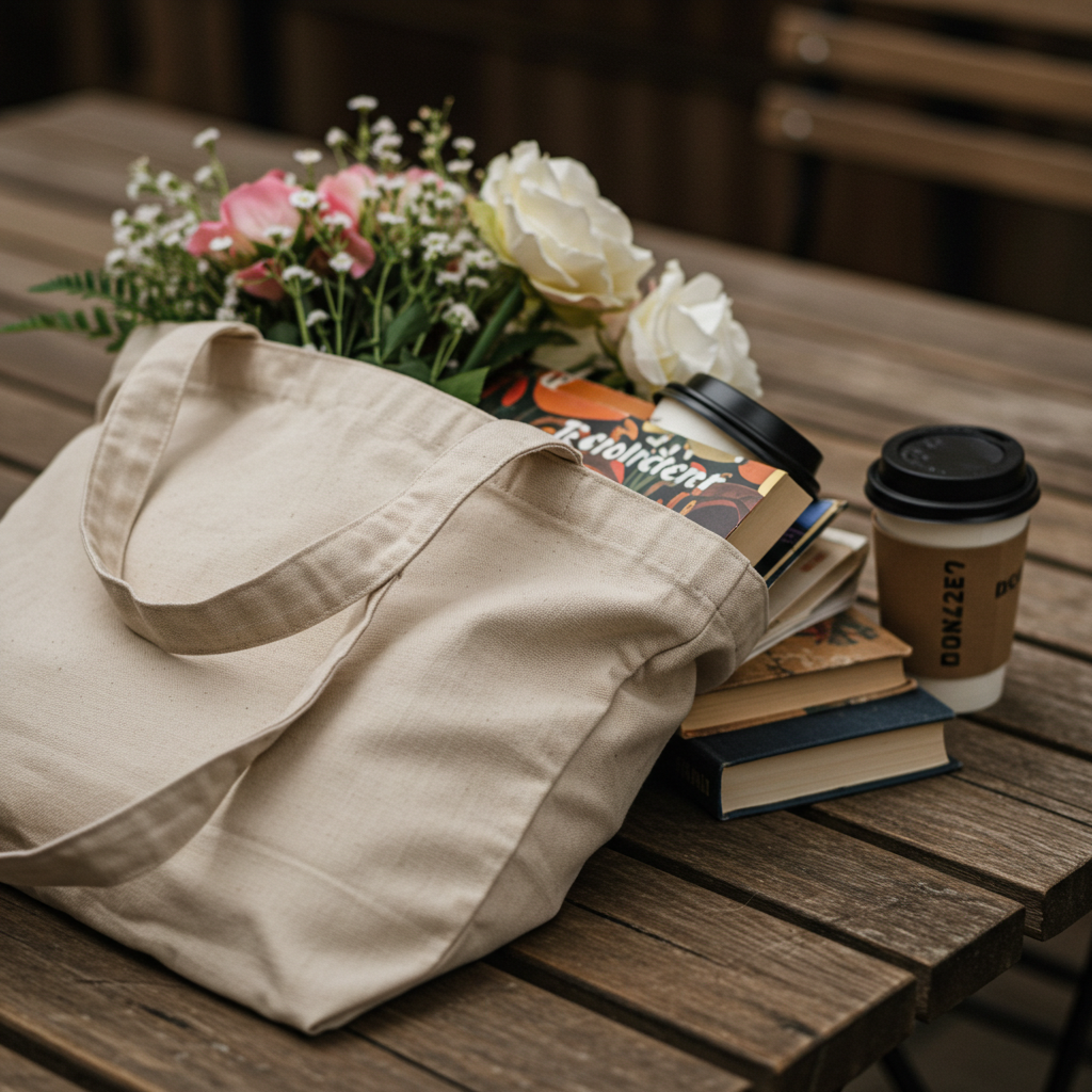 Simple tote bag resting on a wooden table with cozy lifestyle items.