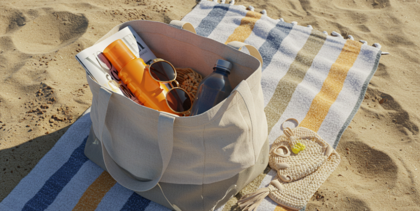 Tote bag resting on sand beside towel and summer accessories.