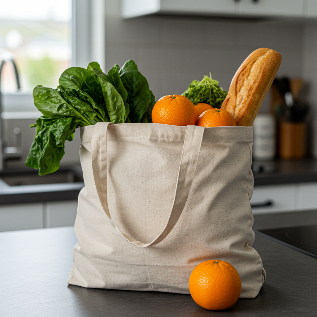 A canvas tote bag on a kitchen counter filled with fresh groceries.
