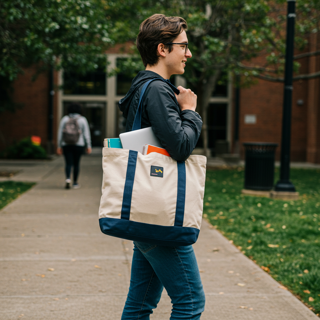 A student walking on campus carrying a tote bag filled with books.